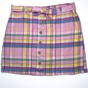 Purple & More Spring Pastels Plaid‎ Button-Front Linen Skort Tie Bow Belt Sz M
